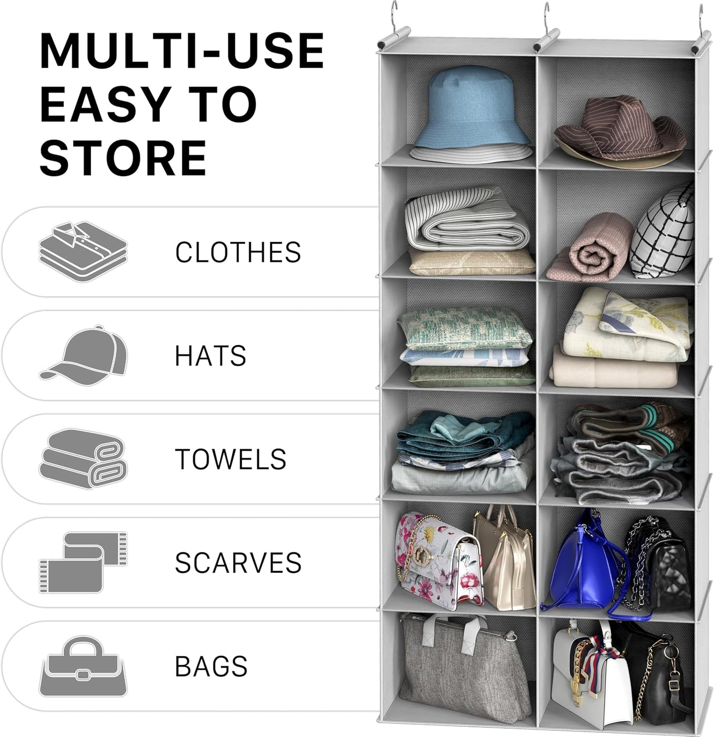 Simple Houseware 6 Shelf Double-Wide Hanging Closet Organizer, 12 Large Shelves Total, Gray