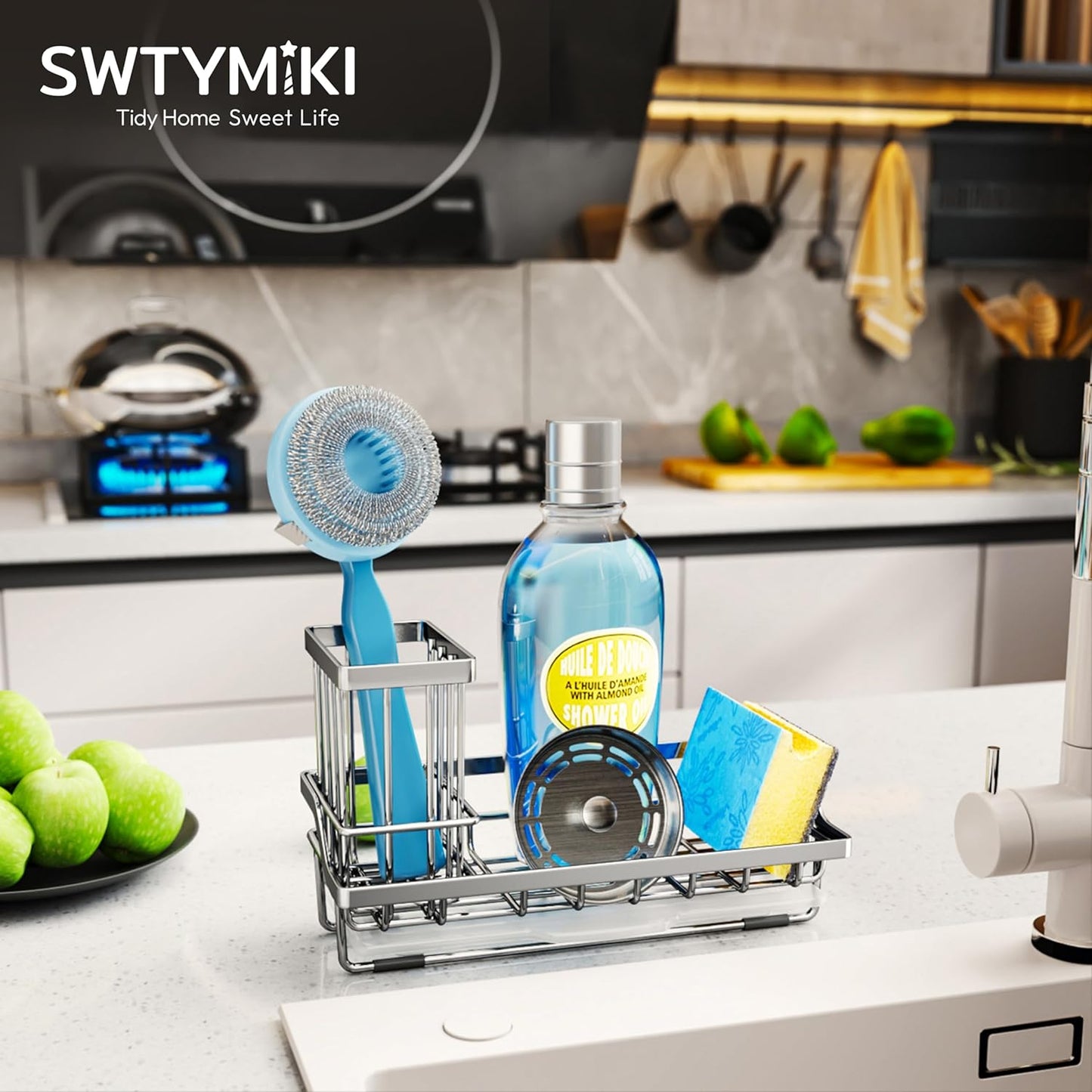 SWTYMIKI Sink Caddy Sponge Holder - Kitchen Sink Organizer with High Brush Holder for Countertop to Hold Dish Soaps and Sponges, Stainless Steel, Black