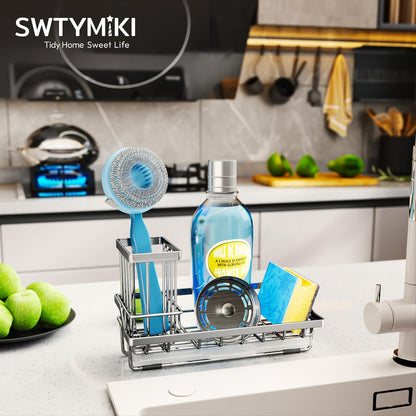 SWTYMIKI Sink Caddy Sponge Holder - Kitchen Sink Organizer with High Brush Holder for Countertop to Hold Dish Soaps and Sponges, Stainless Steel, Black