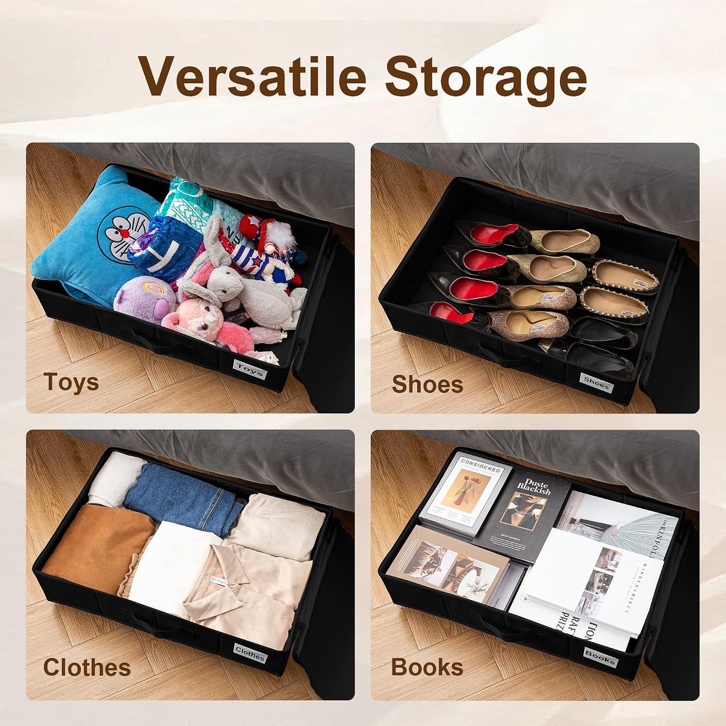 Vincona Under Bed Storage with Wheels, 2 Pack Under Bed Storage Containers with Label Holders for Clothes, Shoes and Blankets, Rolling Underbed Shoe Organizer with Cover, Beige (30.71x15.7x7.28 in)
