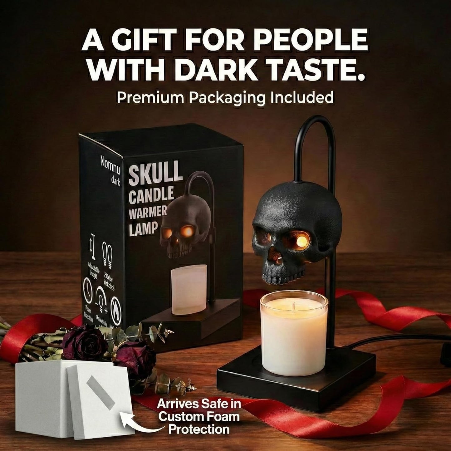 Skull Candle Warmer Lamp with Timer and Dimmer *Candles NOT Included – Black Gothic Candle Lamp Warmer w/Adjustable Height, 2 Light Bulbs – Skull Decor, Goth Gothic Decor Spooky Home & Witchy Gifts