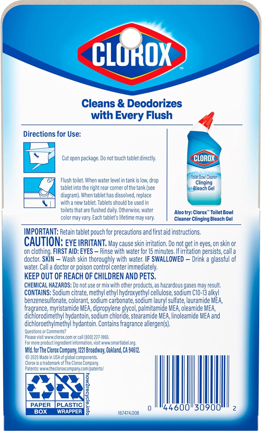 Clorox Ultra Clean Toilet Tablets Bleach & Blue, Rain Clean Scent, 2.47 Ounces Each, 4 Count (Package May Vary)