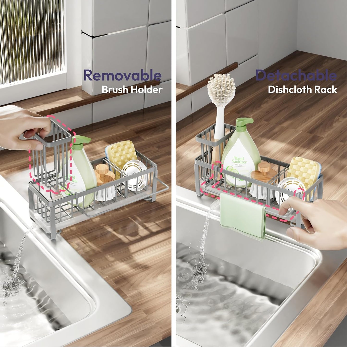 SWTYMIKI Sink Caddy Sponge Holder - Large Sponge Holder for Kitchen Sink with 360°Auto-Drain Tray, Rustproof Stainless Steel Kitchen Organizer Caddy for Countertop Organization