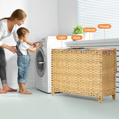 Laundry Hamper with 3 Removable Liner Bags; 132L Handwoven Rattan Laundry Basket with Lid & Heightened Feet; Clothes Hamper with Side Handles; Laundry Sorter with 3 Separate Sections