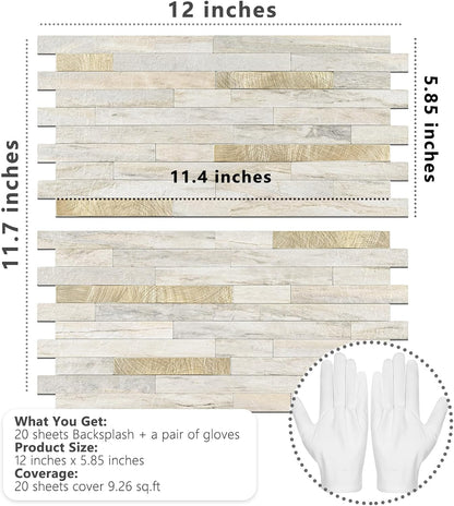 STICKGOO 20 Sheets Peel and Stick Backsplash Tile, Stick on Backsplash for Kitchen and Bathroom, White Sandstone Look PVC Mixed Metal Gold Self Adhesive Wall Tiles