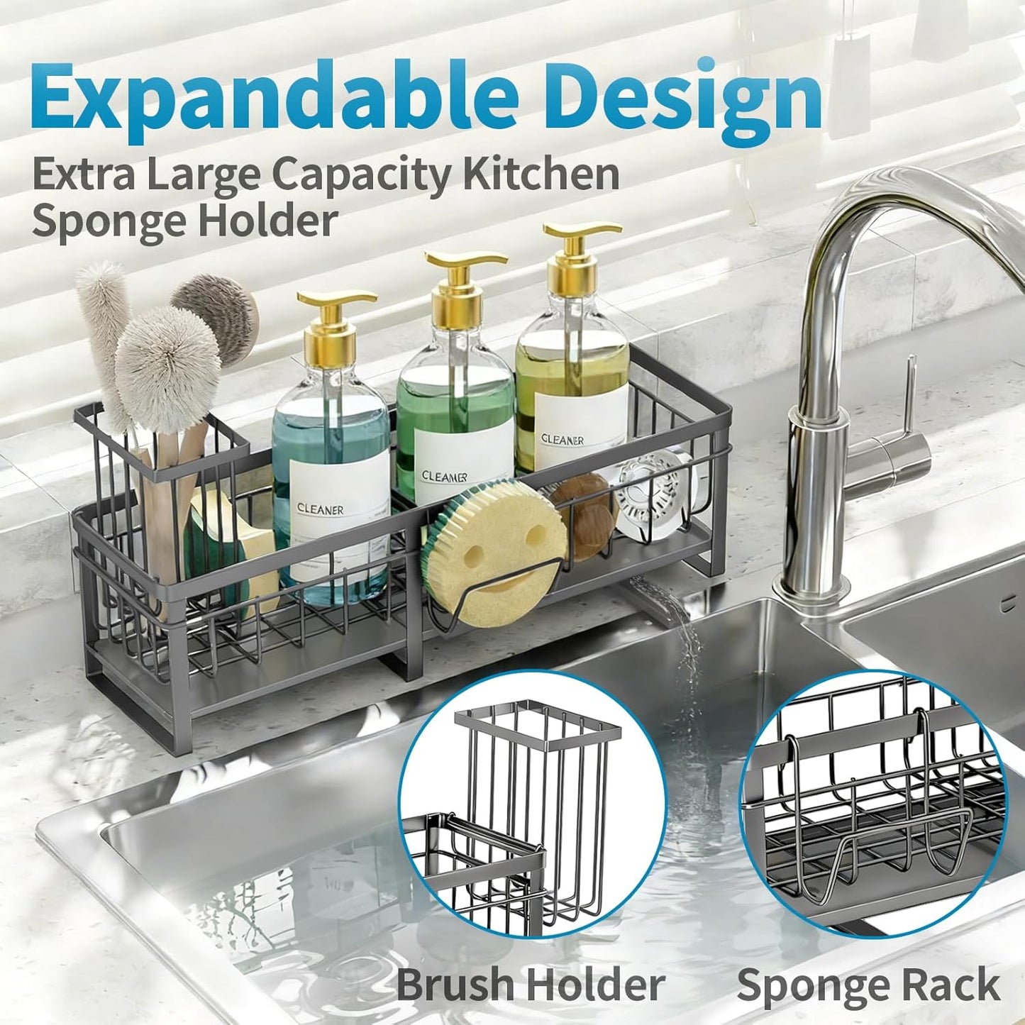 Aurblozen Extra Large Extendable Sponge Holder for Kitchen Sink, Rustproof Sink Caddy Organizer with High Brush Holder, Dish Soap Dispenser Organizers and Storage (Black)