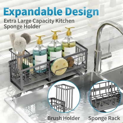Aurblozen Extra Large Extendable Sponge Holder for Kitchen Sink, Rustproof Sink Caddy Organizer with High Brush Holder, Dish Soap Dispenser Organizers and Storage (Black)