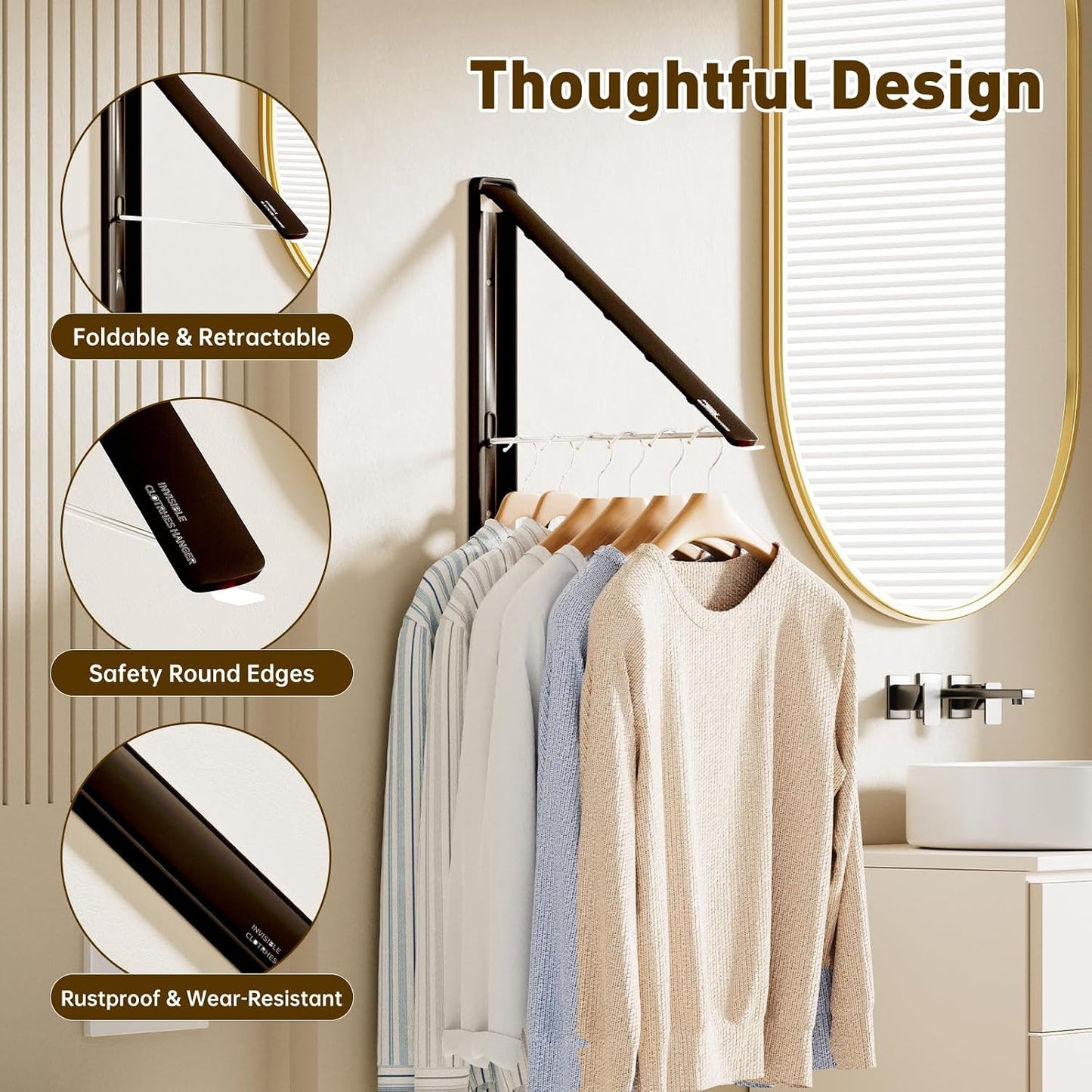 Clothes Drying Rack, Laundry Room Wall Mounted Retractable Clothes Hanger Drying Rack, Laundry Clothing Drying Rack Folding Indoor or Outdoor, Easy Installation Aluminium Dryer, 1pcs(White)