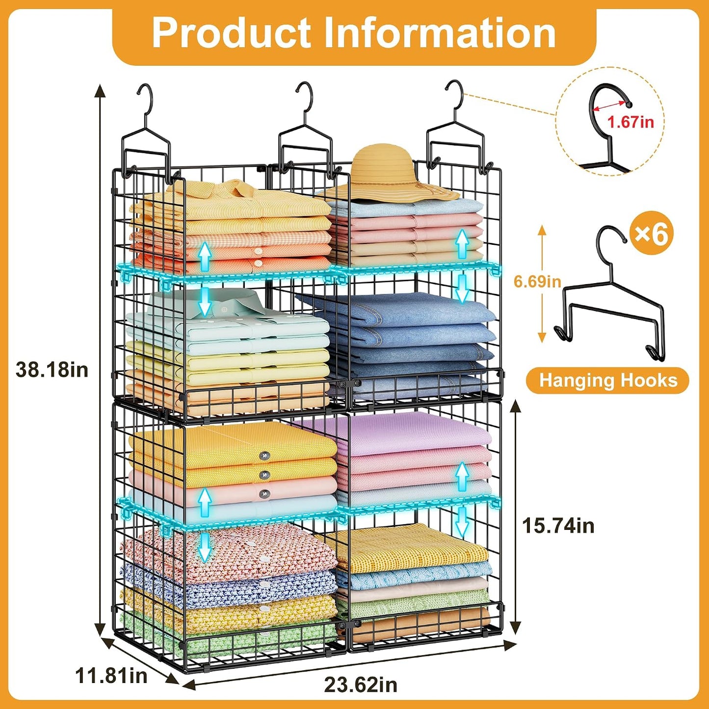 Hanging Closet Organizer with DIY Spacing, Double-Row Closet Hanging Shelves with 4 Adjustable Dividers & 6 Hooks, Heavy Duty Metal Closet Storage Organizer with Front Guard, Split into 2 Units