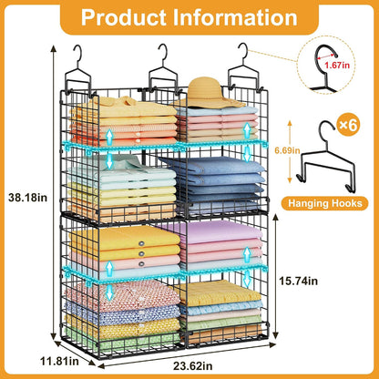 Hanging Closet Organizer with DIY Spacing, Double-Row Closet Hanging Shelves with 4 Adjustable Dividers & 6 Hooks, Heavy Duty Metal Closet Storage Organizer with Front Guard, Split into 2 Units