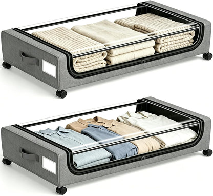 Under Bed Storage with Wheels, 2 Pack Under Bed Storage Containers, 10.6 inches Tall Underbed storage bins on Wheels, Rolling Under the Bed Metal Drawers for Clothes, Blankets, Shoes (XXXL, 90L)