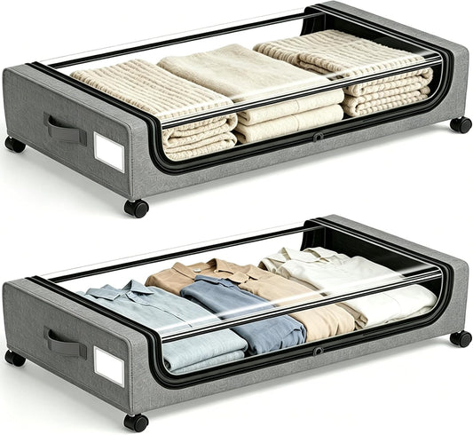Under Bed Storage with Wheels, 2 Pack Under Bed Storage Containers, 10.6 inches Tall Underbed storage bins on Wheels, Rolling Under the Bed Metal Drawers for Clothes, Blankets, Shoes (XXXL, 90L)