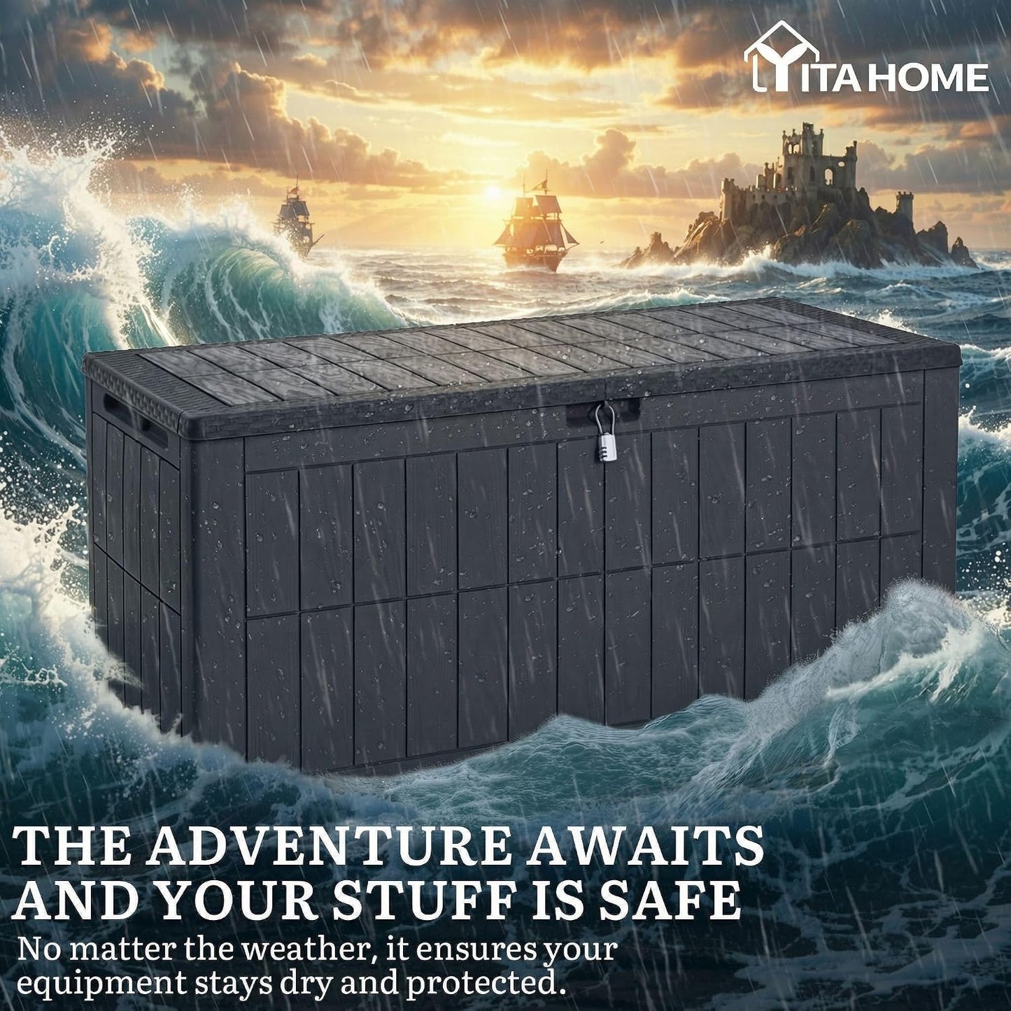 YITAHOME 134 Gallon Large Deck Box | Waterproof Resin Outdoor Storage Box with Lock, Doubles as 2-Person Bench Seating for Patio Furniture Cushions,Garden Tools &