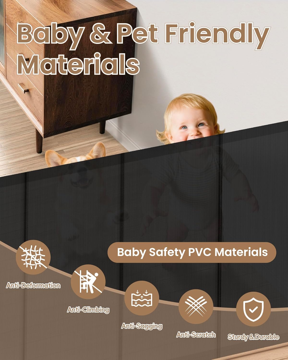 Retractable Baby Gate, 55" Wide Reinforced Mesh Baby Gate with 4 Fiberglass Support Rods for a Tighter Fit, 34" Tall Retractable Dog Gate for Stairways, Hallways and Doorways, Black