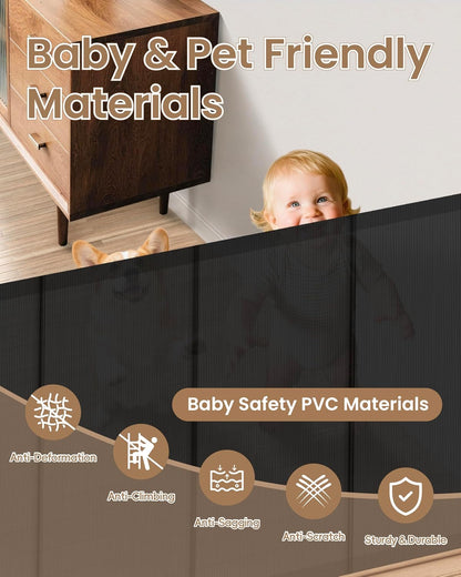 Retractable Baby Gate, 55" Wide Reinforced Mesh Baby Gate with 4 Fiberglass Support Rods for a Tighter Fit, 34" Tall Retractable Dog Gate for Stairways, Hallways and Doorways, Black
