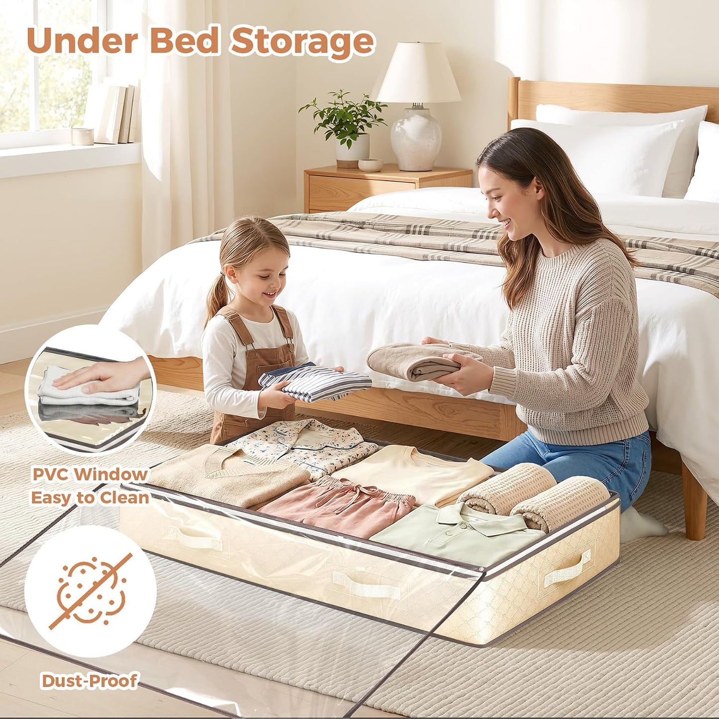 Budding Joy 90L Under Bed Storage Containers, 4 Pack Closet Organizers Grey | Foldable underbed storage bins for linen sheets, blanket, clothing, comforter, sweaters, pillows, wrapping paper