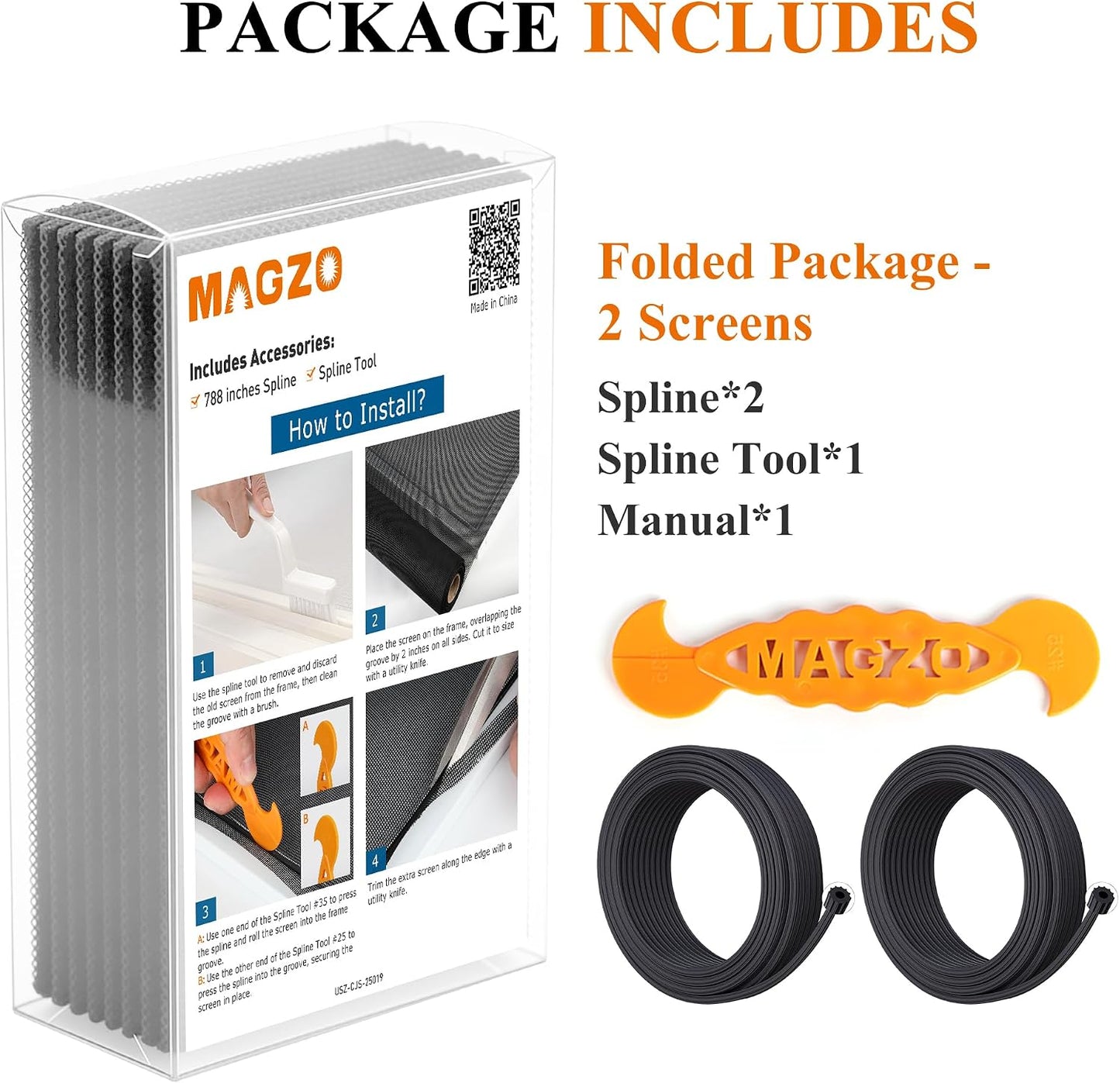 2PACK MAGZO Window&Door Screen Replacement Kit, 48''W x 99''L, with Retainer Spline (Total 65.6 FT) and Press-Fit Roller Tool, Scratch-Proof Polyester, Mesh Roll Repair for Patio, Pet Friendly, Grey