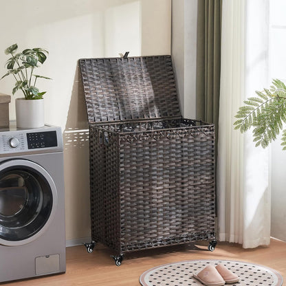 Laundry Hamper with Wheels&Lid, 50.2 Gallons(190L) Rolling Laundry Basket with Wheels, 3-Section Laundry Hamper, Handwoven Rattan Clothes Hamper with 6 Removable Liner& 3 Mesh Laundry Bags, Grey