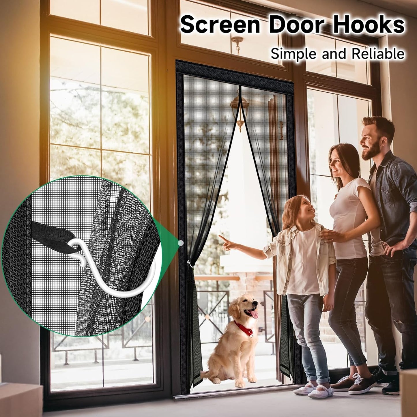 HOFUDON Upgraded Magnetic Screen Door Mesh, Full Strip Magnets, Heavy Duty Fiberglass Mesh, Door Screen Magnetic Closure for Single Door Size 32 x 80 Inch, Screen Door Size 35 x 82 Inch Black