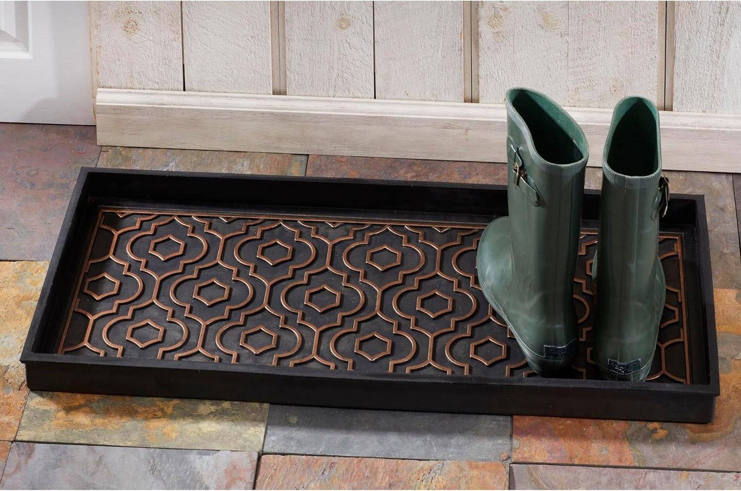 HF by LT Jasmine Premium Rubber Boot Tray, 34 x 14 inches, Heavy Duty Vulcanized Rubber Design, One-Piece Seamless Construction, Year Round Use Indoors/Outdoors, Black with Brushed Copper