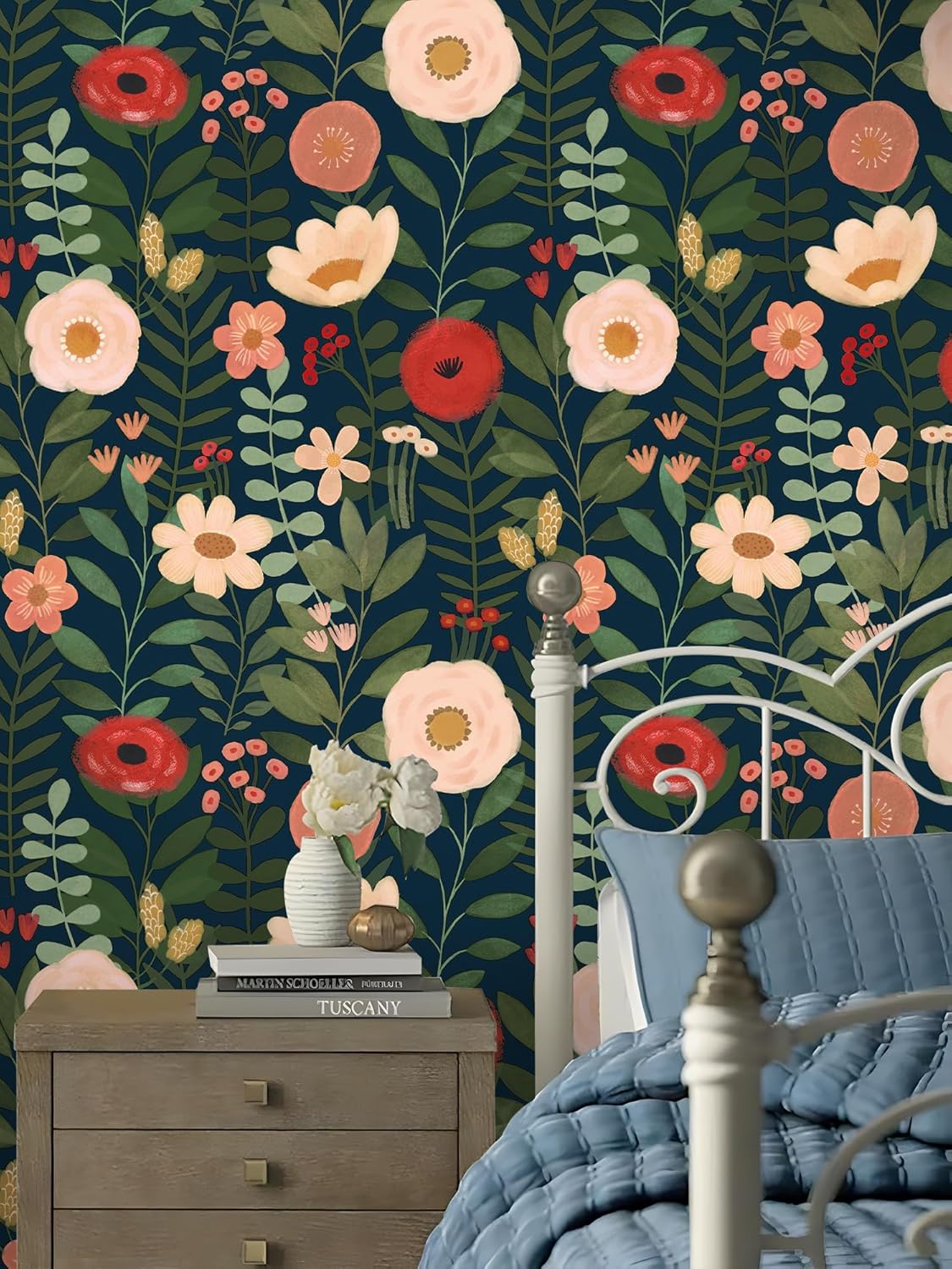 HAOKHOME Floral Peel and Stick Wallpaper Boho Vintage Wall Paper Removable for Bathroom Nursery Beige/Pink/Red Contact Paper 17.3in x 9.8ft