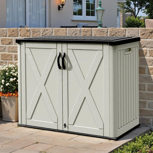 Patiowell 26 Cu.ft Outdoor Storage Cabinet with Lockable Door, Waterproof Horizontal Storage Shed for Tools and Patio Furniture, All-Weather Resin Shed Easy Assemble for Pool or Backyards, Brown