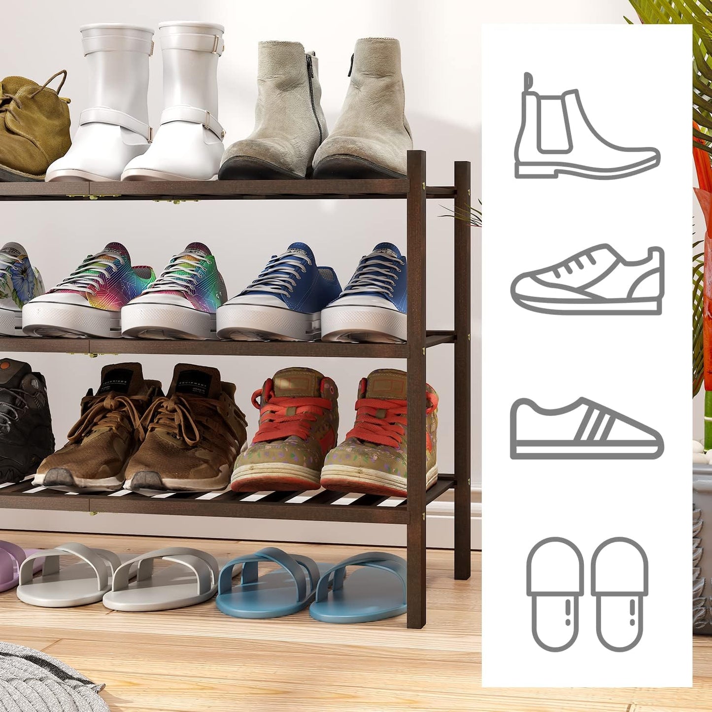 viewcare 3-Tier Black Bamboo Shoe Rack for Entryway, Stackable | Foldable | Natural, Shoe Shelf Storage Organizer for Hallway Closet, Free Standing Shoe Racks for Indoor Outdoor