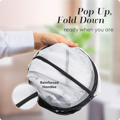 Handy Laundry Collapsible Laundry Basket, 3-Compartment Mesh Laundry Sorter, Foldable Pop Up Hamper with Handles, Space-Saving Durable Organizer for Dorm, Bedroom, Travel, White