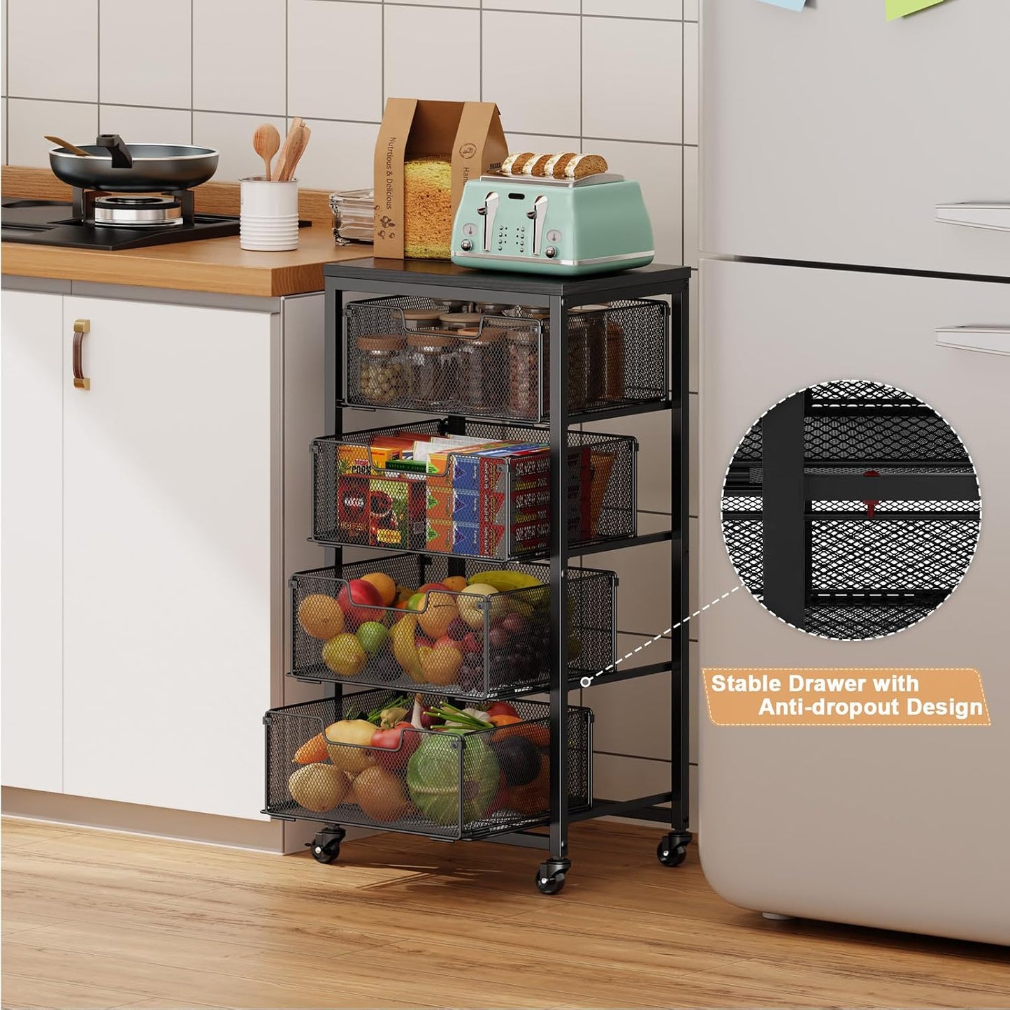 4 Tier Kitchen Rolling Cart, Kitchen Storage Cart with Wheels, Adjust Pantry Organizer and Storage Cart with Drawer, Fruit Vegetable Spice Storage Cart, Wooden Top Metal Kitchen Organizer Rack Stand