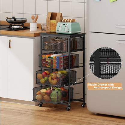 4 Tier Kitchen Rolling Cart, Kitchen Storage Cart with Wheels, Adjust Pantry Organizer and Storage Cart with Drawer, Fruit Vegetable Spice Storage Cart, Wooden Top Metal Kitchen Organizer Rack Stand