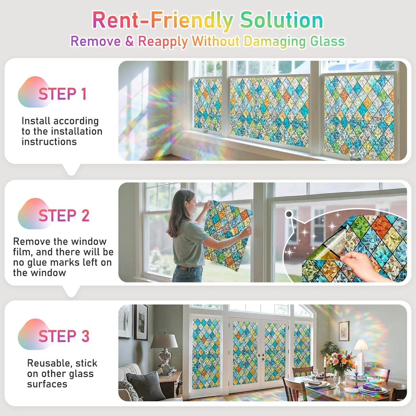 SUNBABY Reeded Glass Window Privacy Film, Frosted Glass Window Film for Bathroom & Front Door, Static Cling Decorative 3D Window Stickers Day and Night Privacy Sun Heat Blocking (17.5 x 78.7 Inch)