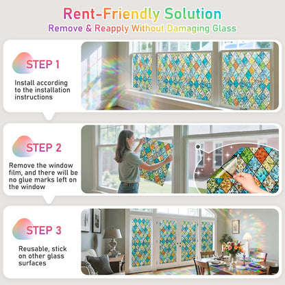 SUNBABY Reeded Glass Window Privacy Film, Frosted Glass Window Film for Bathroom & Front Door, Static Cling Decorative 3D Window Stickers Day and Night Privacy Sun Heat Blocking (17.5 x 78.7 Inch)