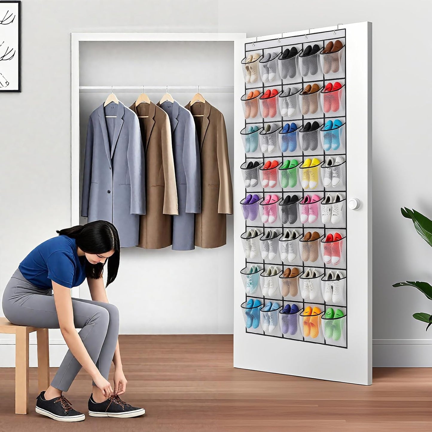40 Large Mesh Pocket Over the Door Shoe Organizer,Hanging Shoe Rack for Door,Hualleko Shoes Organizer Hanger with Large Capacity, Shoes Storage Holder Sturdy Non-woven Fabric - Stores 20 Pairs (White)