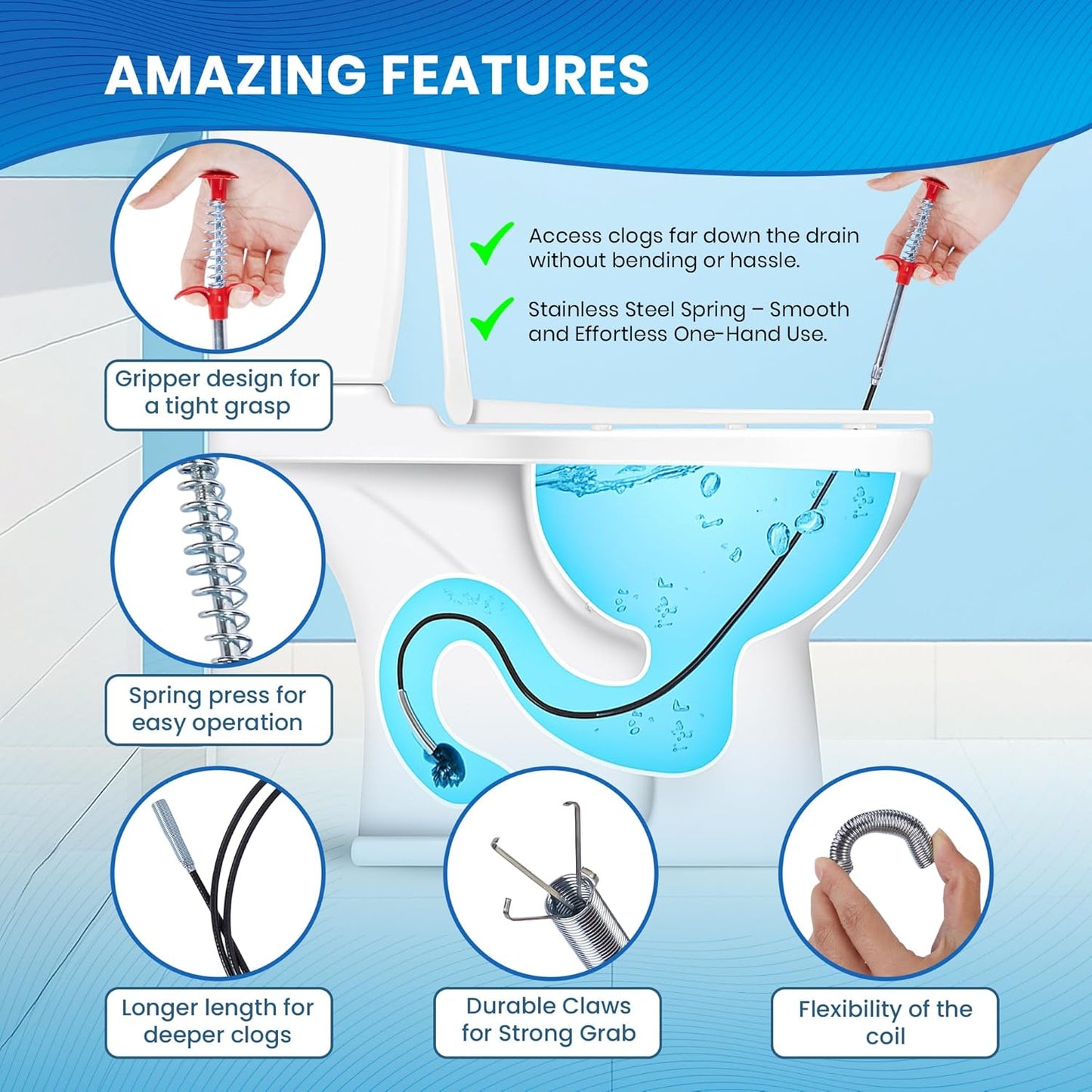 Drain Snake, 79 Inch Drain Clog Remover Tool with pair of Reusable Gloves – Flexible Grabber Claw Hair Drain Cleaner for Sink, Shower, Tub, Toilet, Bathroom & Kitchen Pipes