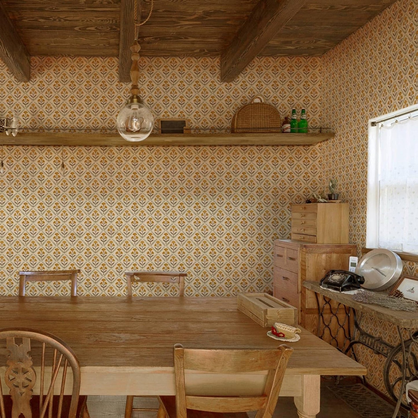 Dimoon 17.3''x78.7'' Peel and Stick Wallpaper Floral Cute Contact Paper Vintage Village Country Cottage Wallpaper Farmhouse Yellow Beige Renter Friendly Geometry Waterproof Embossed Kitchen Bedroom