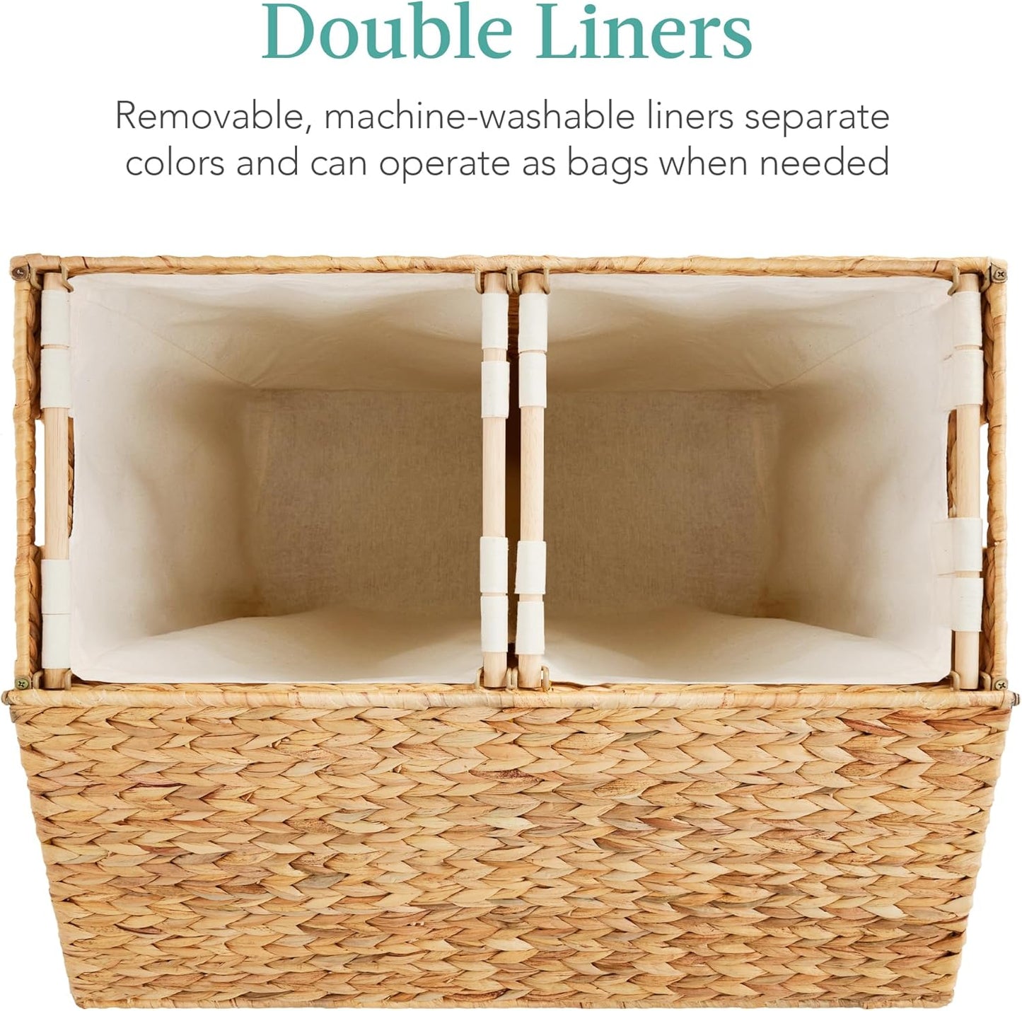 Best Choice Products Large Double Laundry Hamper with Lid, Natural Handwoven Water Hyacinth, 2 Sections w/ 2 Machine Washable Linen Liner Bags, Portable, Handles - Natural