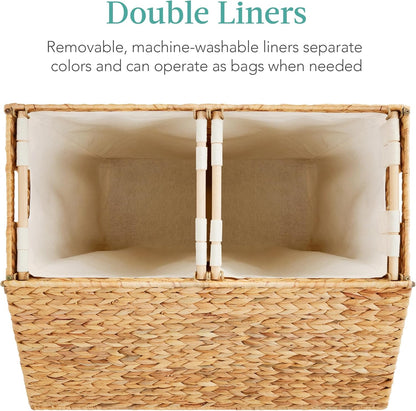 Best Choice Products Large Double Laundry Hamper with Lid, Natural Handwoven Water Hyacinth, 2 Sections w/ 2 Machine Washable Linen Liner Bags, Portable, Handles - Natural