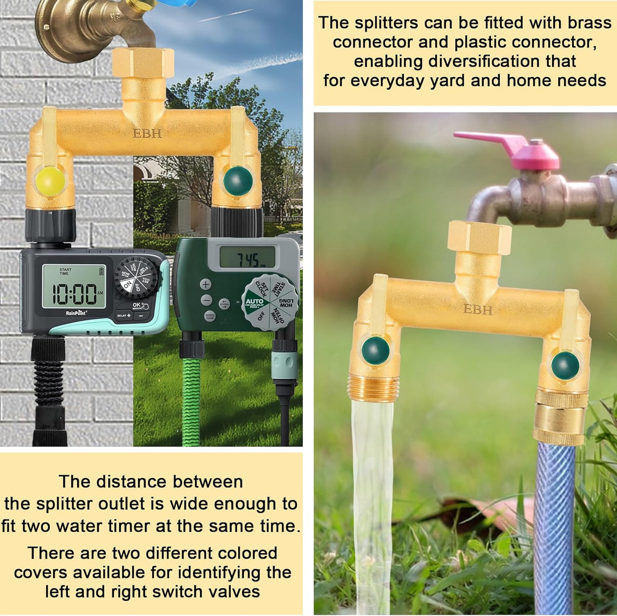 EBH Brass Garden Hose Splitter, 3 Way High Flow Outdoor Faucet Splitter,Full Flow 3-Way Brass Heavy Duty Hose Splitter With 3 Long Metal Handle and Individual On/Off Valve。