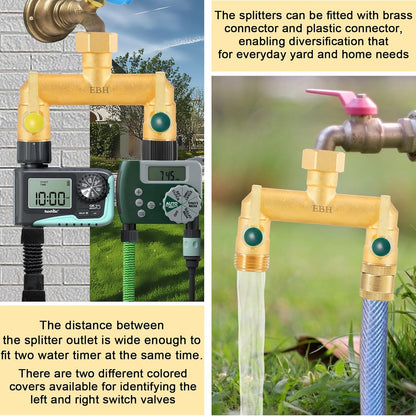 EBH Brass Garden Hose Splitter, 3 Way High Flow Outdoor Faucet Splitter,Full Flow 3-Way Brass Heavy Duty Hose Splitter With 3 Long Metal Handle and Individual On/Off Valve。