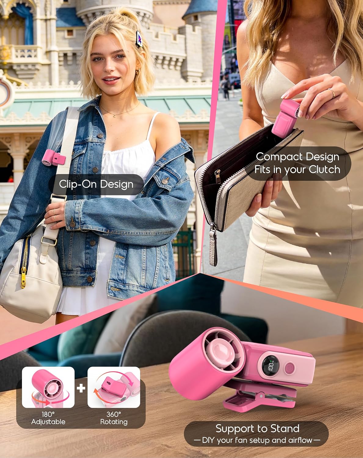 Portable Clip-On Mini Fan, Hands-Free, Turbo Personal Handheld Fans Rechargeable w/ 4 Wind & LED Display, Pocket Size Summer Cooling Essentials for Travel/Eye Lash/Beach/Concert, Gifts for Women(Pink)