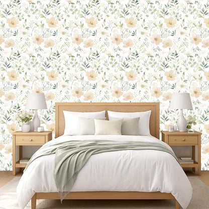 Sage Green Floral Peel and Stick Wallpaper Self Adhesive Removable Modern for Bedroom Accent Wall Renter Friendly Thick Watercolor Natural Flower Wallpaper 17.7" x 118"