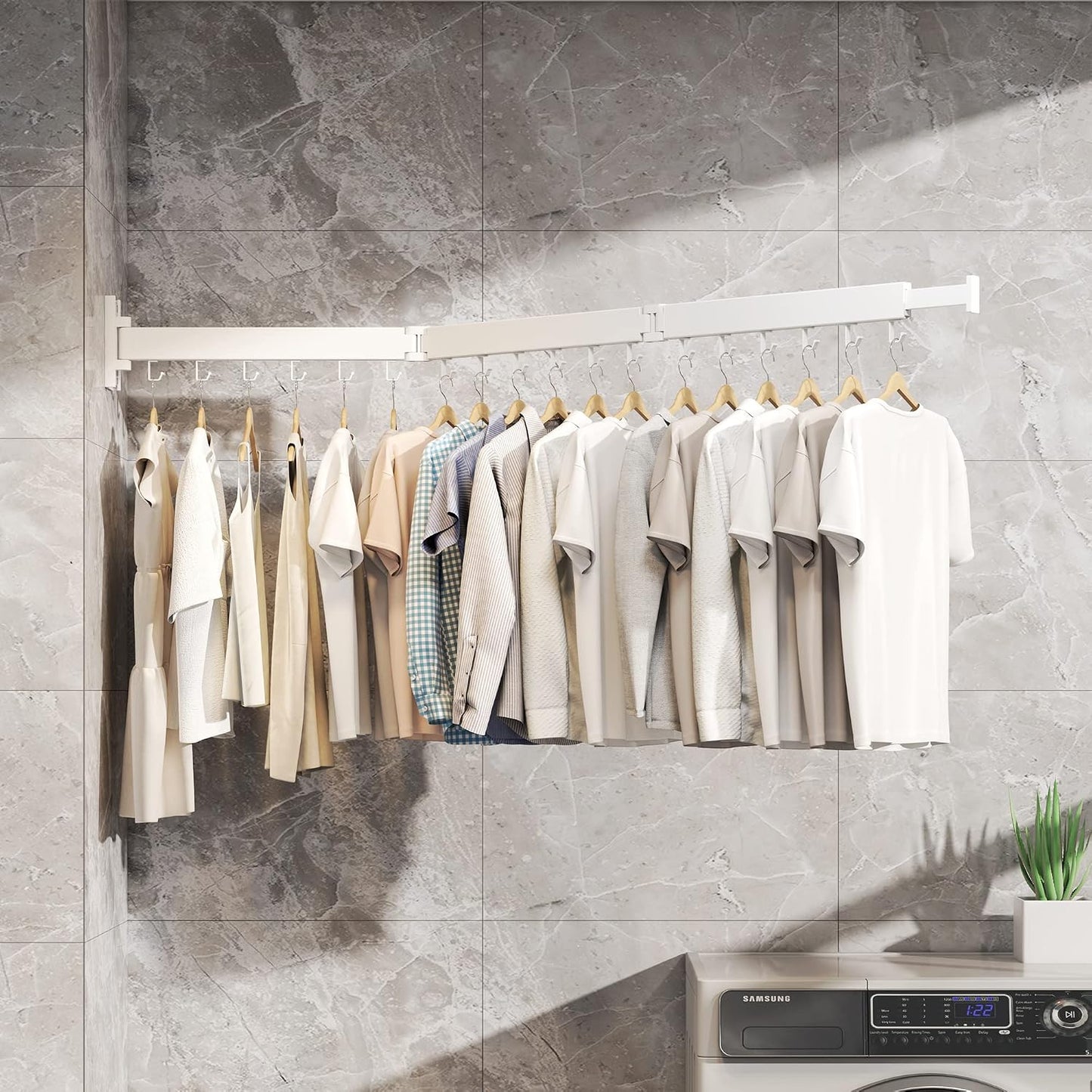 HEILAIYI Clothes Drying Rack for Laundry,Wall Mounted Clothes Hanger Rack,Folding,Retractable,Collapsible(J Shape Hooks)