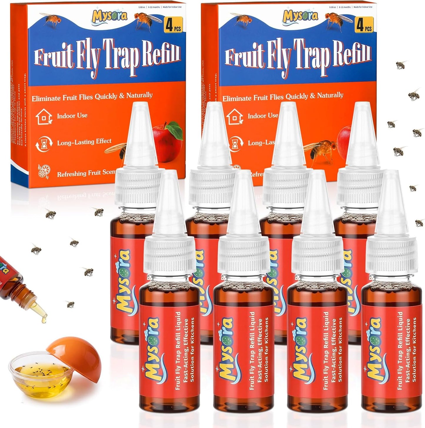 4 Pack Fruit Fly Trap Refill Liquid, 0.68 Ounces Per Bottle, Effective Fruit Fly Bait Refill, Suitable for Indoor Use, Kitchen Countertops, and Home Environments, Non-Toxic