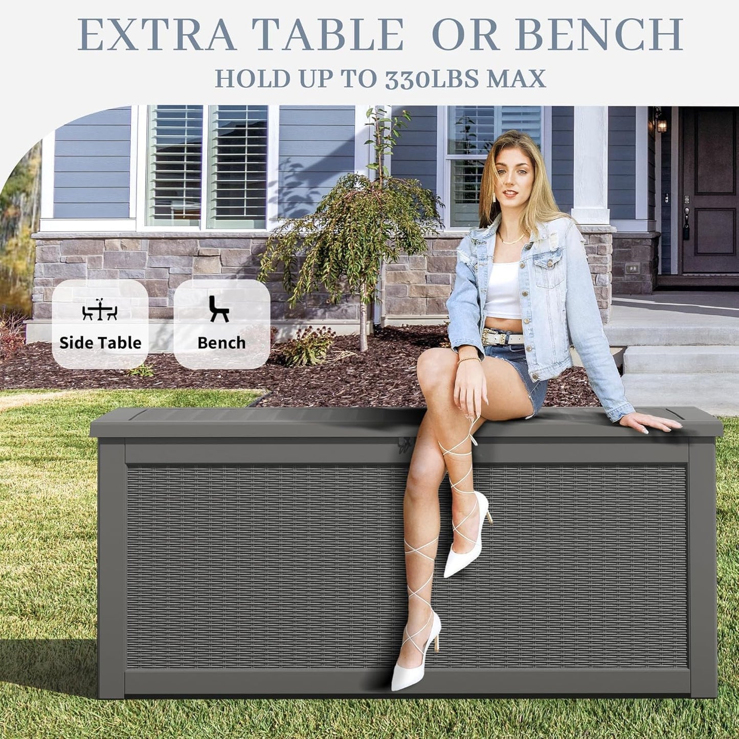 NUNU LAB Outdoor Storage Box, 45 Gallon Outside Deck Box Waterproof, Resin Outdoor Storage Cabinet With Lockable Lid, Backyard Storage Bench For Garden Tools, Patio Cushions, Pool Tools, Black