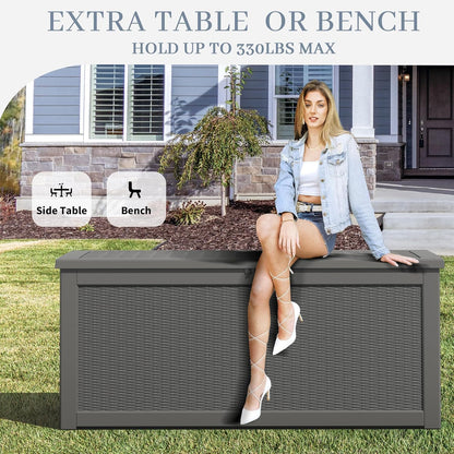 NUNU LAB Outdoor Storage Box, 45 Gallon Outside Deck Box Waterproof, Resin Outdoor Storage Cabinet With Lockable Lid, Backyard Storage Bench For Garden Tools, Patio Cushions, Pool Tools, Black
