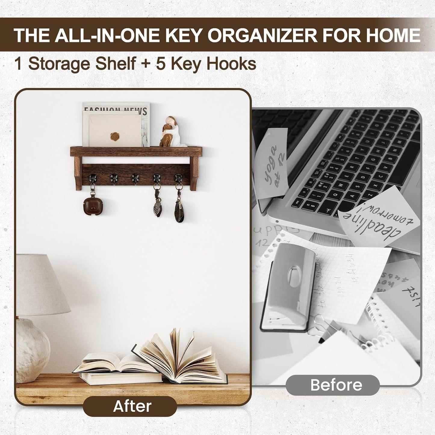 Key and Mail Holder Wall Mount, Key Holder with Shelf and Mail Organizer Wall Mount. Mail Holder with 5 Hooks for Coat, Dog Leash, Home Decor Rack, Entry Way Organizer (White)