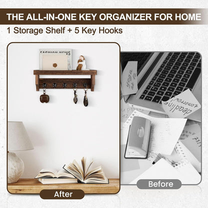 Key and Mail Holder Wall Mount, Key Holder with Shelf and Mail Organizer Wall Mount. Mail Holder with 5 Hooks for Coat, Dog Leash, Home Decor Rack, Entry Way Organizer (White)