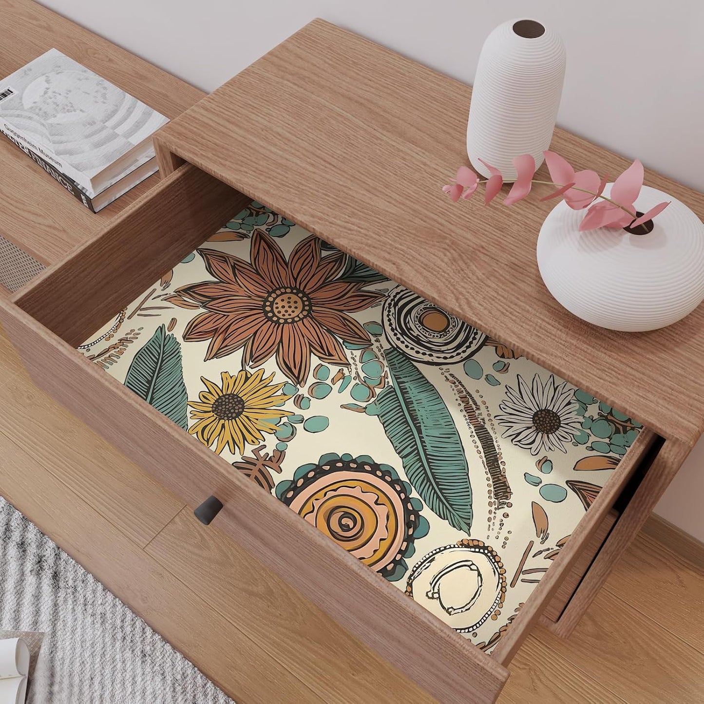 Blue Wallpaper Peel and Stick,Vintage Boho Floral Contact Paper 17.5" x 118", Retro Botanical Flower Wall Paper Self Adhesive Removable Waterproof for Walls Shelves Cabinet Table (Blue,Yellow, Green)