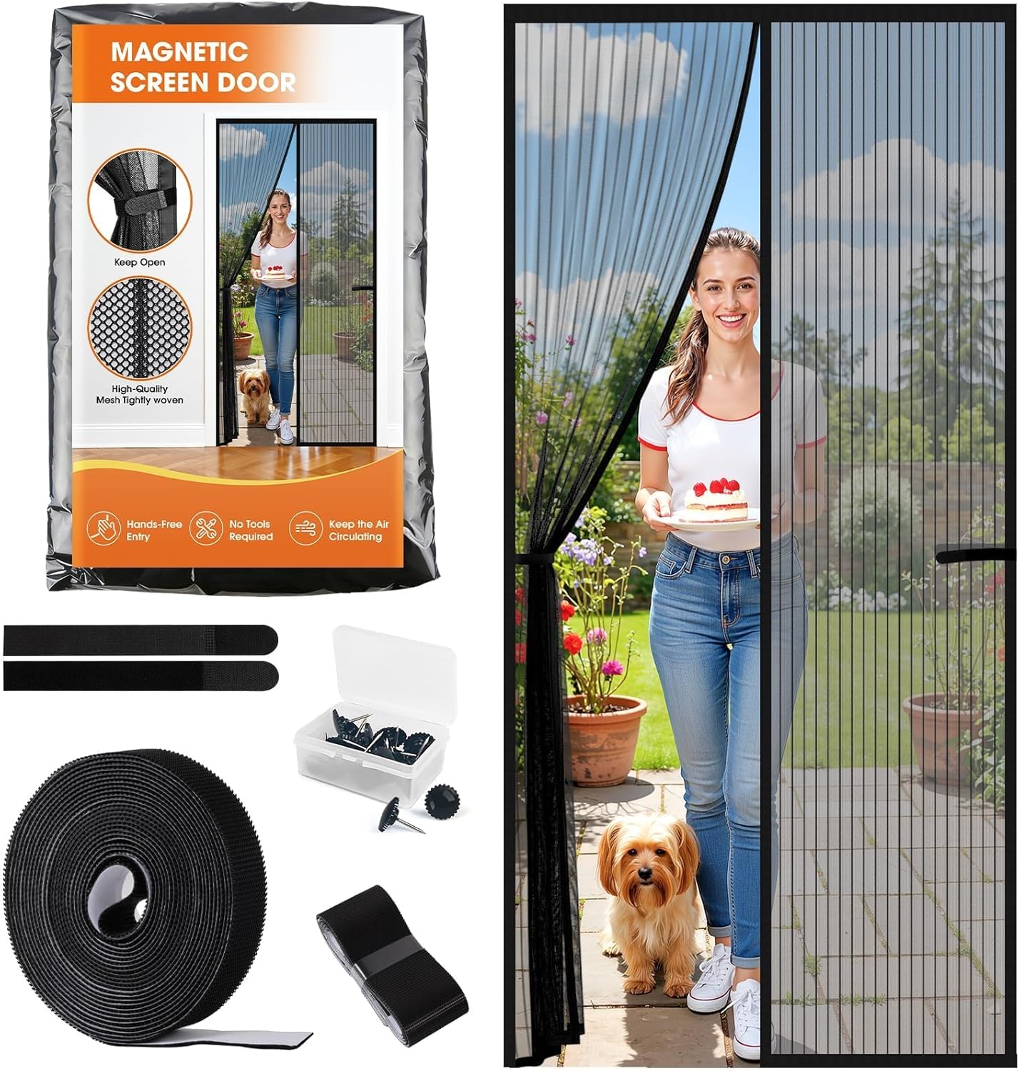Magnetic Screen Door, Screen Door Mesh, Heavy-Duty Mesh Curtain, Door Net Keep Bugs Out, Hands Free Partition, Screen Size 38” × 83”, Fits 36” × 82” Doors, Pet & Kid Friendly, Black