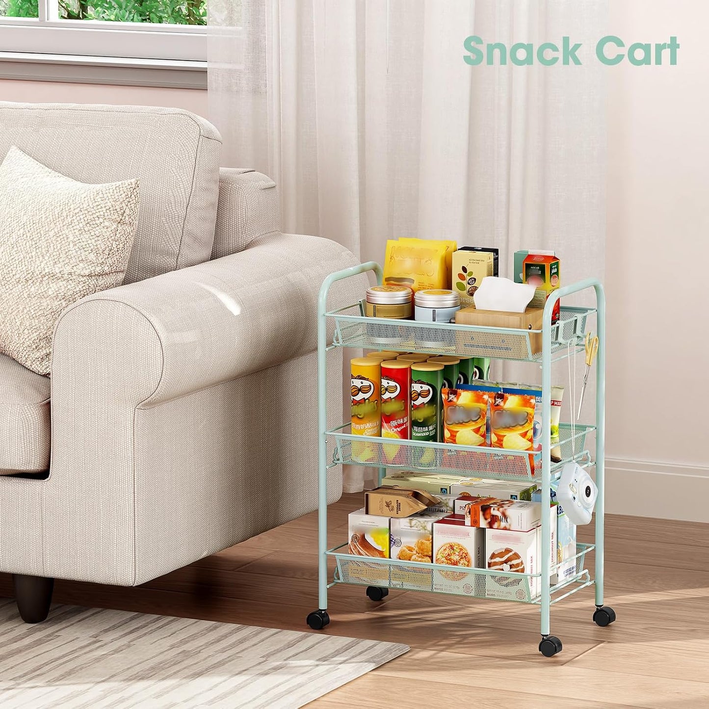 TOOLF 3-Tier Metal Rolling Cart, Mesh Wire Easy Assemble Utility Cart, Storage Trolley on Wheels with 3 Hooks, MetalStorage Shelving Units for Kitchen Bathroom Laundry Room